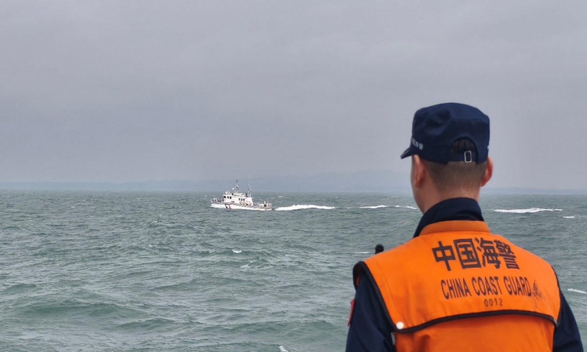 The Fujian Coast Guard organizes a flotilla and conducts a law enforcement patrol in waters near Kinmen on February 25, 2024. Photo: Courtesy of the China Coast Guard