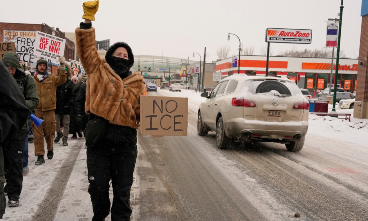 Protesters demonstrate against Immigration and Customs Enforcement (ICE) on January 18, 2026, after Renee Good was fatally shot by an ICE officer last week in Minneapolis. Photo: VCG Protesters demonstrate against Immigration and Customs Enforcement (ICE) on January 18, 2026, after Renee Good was fatally shot by an ICE officer last week in Minneapolis. Photo: VCG
