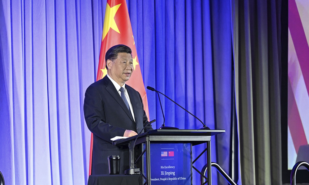 Chinese President Xi Jinping delivers a speech at a welcoming dinner hosted by friendly organizations in the US, including the US-China Business Council and the National Committee on US-China Relations, in San Francisco on local time November 15, 2023. Photo:Xinhua