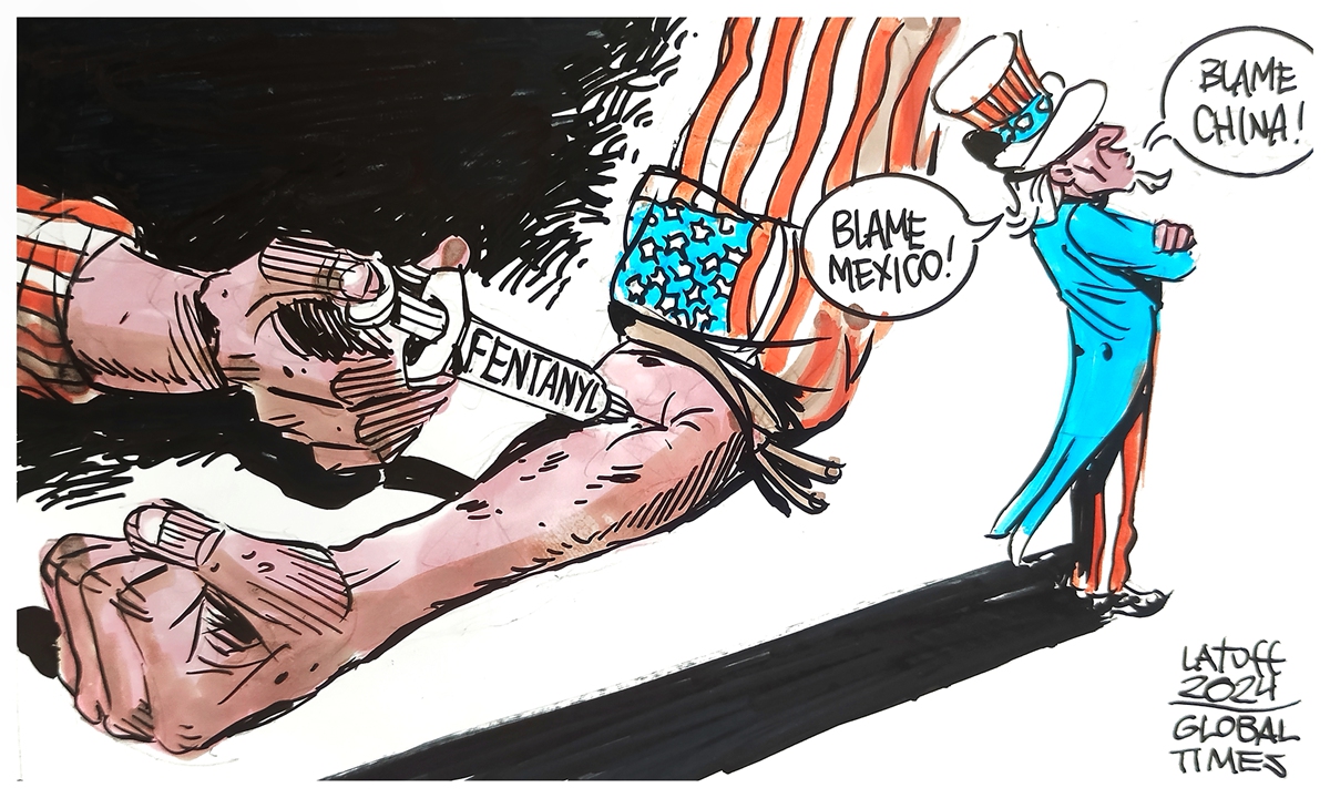 The US can't solve its fentanyl epidemic by pointing fingers abroad while ignoring problems at home. Cartoon: Carlos Latuff